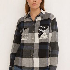 Plaid Button-Up Shirt with Studded Pockets
